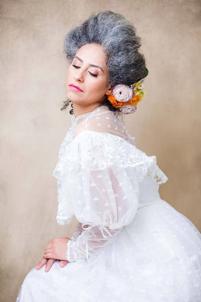 female-fine-art-portrait-photography-woman-in-grey-hair-in-victorian-style-white-wedding-gown