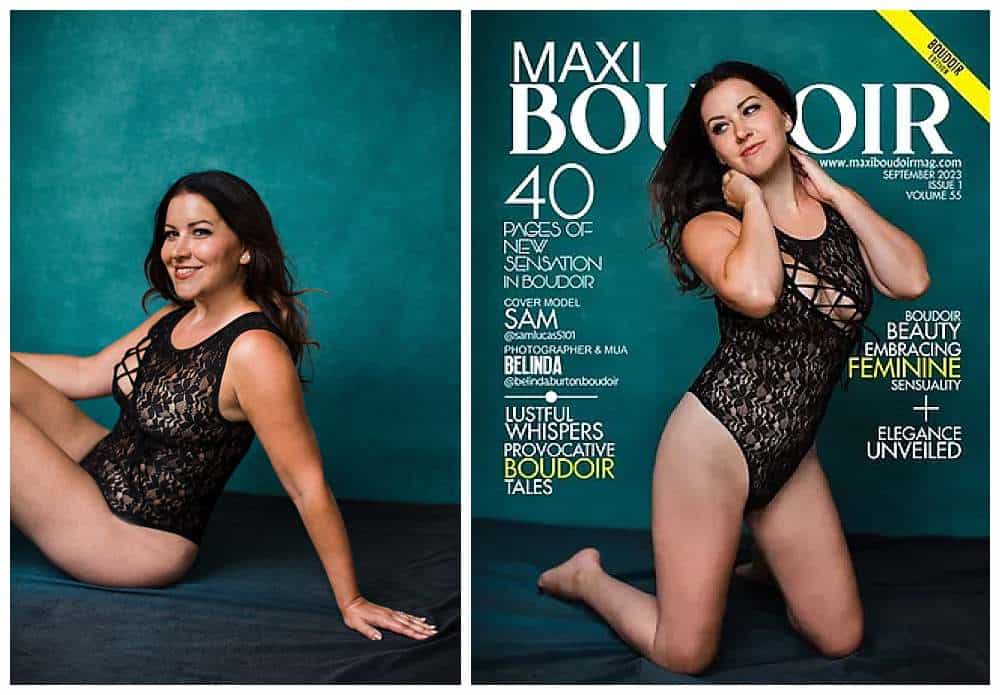 boudoir-photographer-in-london-boudoir-magazine-cover-girl-in-black-lace-bodysuit-blue-canvas-background