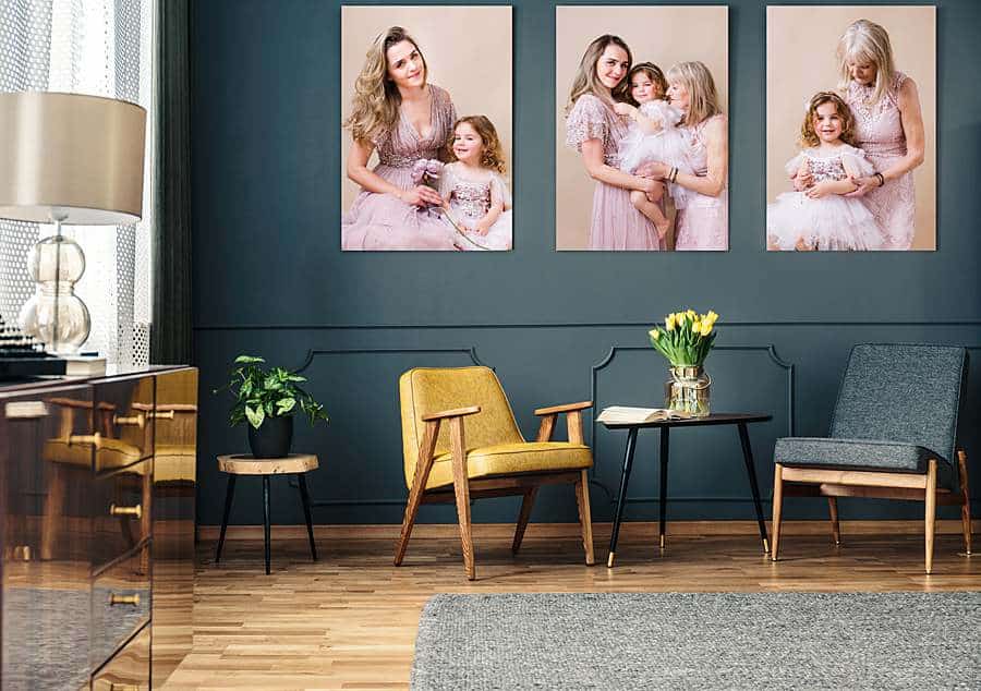 photo-wall-art-three-generation-family-photos-on-blue-wall-living-room-setting