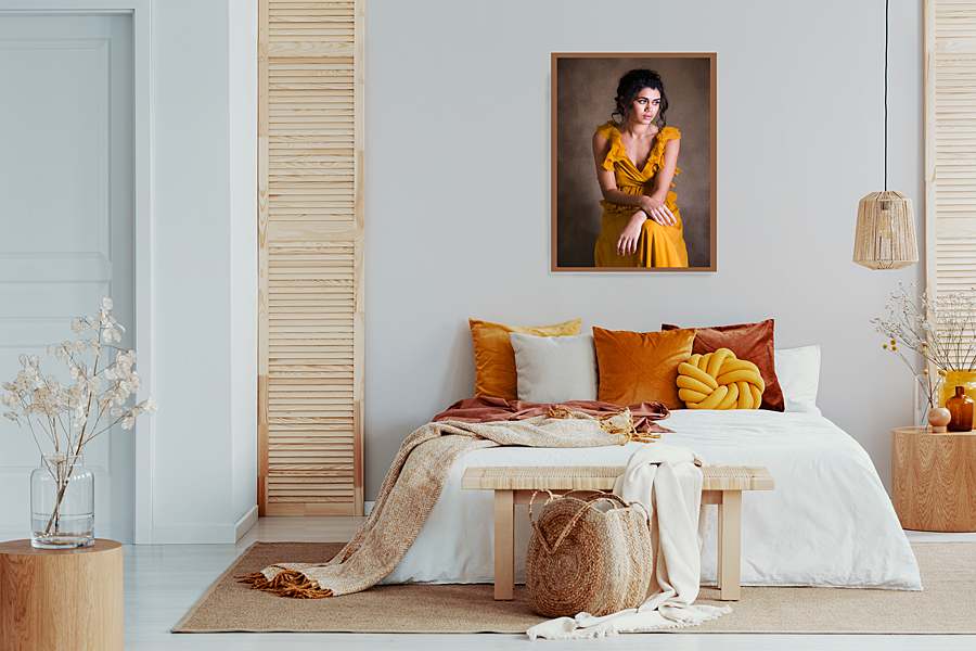 photography-wall-art-ideas-in-bedroom-girl-in-yellow-dress-displayed-in-top-of-bed
