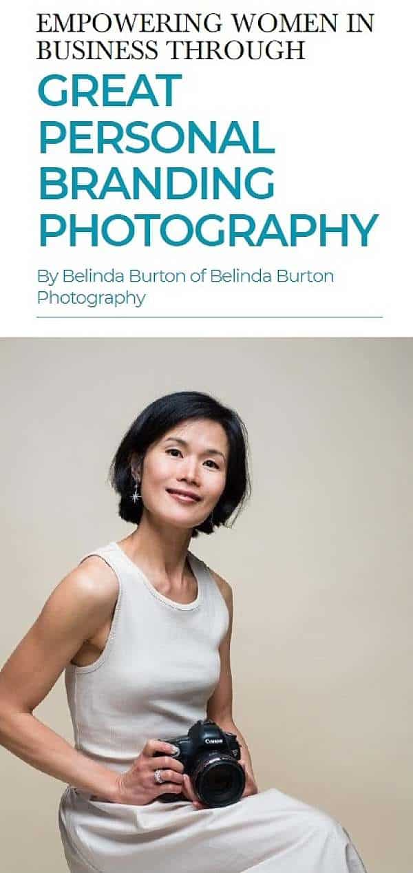 Press feature of London branding photographer in Women Business Magazine brand portrait in beige dress holding camera