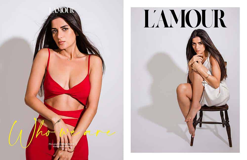 female-photoshoot-featured-in-magazine-girl-in-daring-red-dress-with-open-keyholes-and-in-demure-cream-dress-on-chair