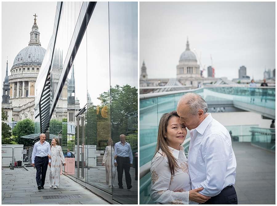 Couple walking and embracing near St. Paul’s Cathedral and in front of Millennium Bridge, those being favoured London photoshoot locations